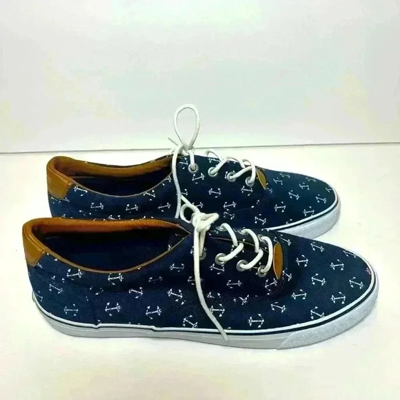 G.H. Bass Navigate Anchor Print Sneakers Boat Shoes Size 7.5 Navy - Picture 1 of 9